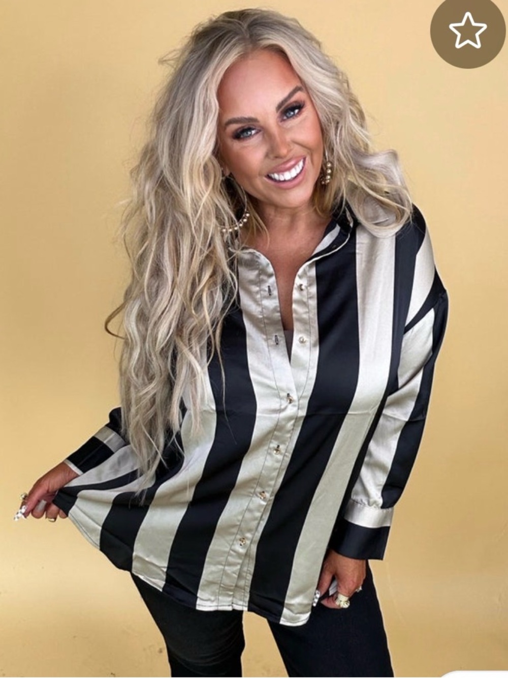 Striped Satin Button-Down Top in Black and Cream